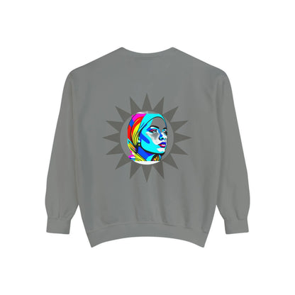 "Sunburst Pop Art Portrait"! Unisex Garment-Dyed Sweatshirt Printify