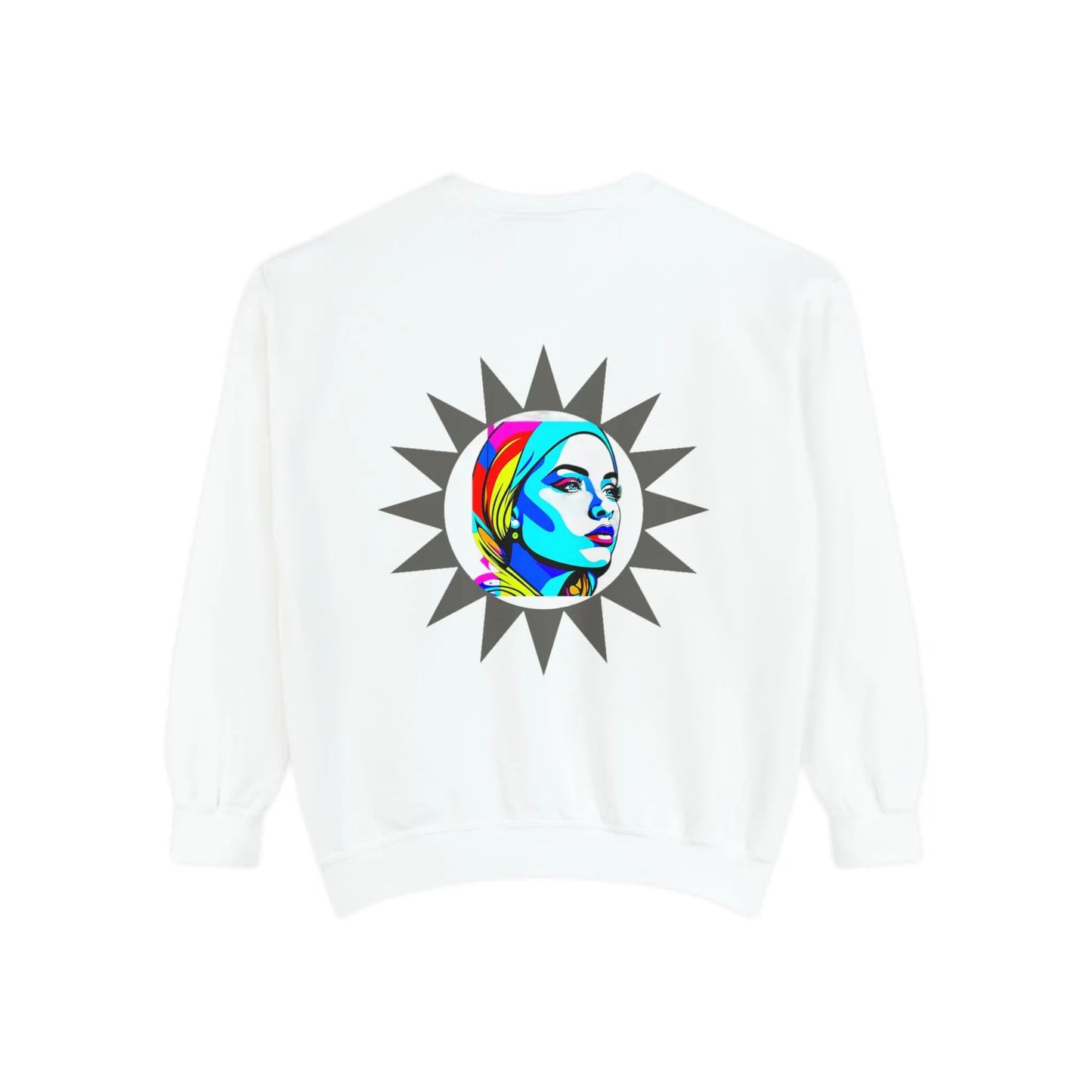 "Sunburst Pop Art Portrait"! Unisex Garment-Dyed Sweatshirt Printify